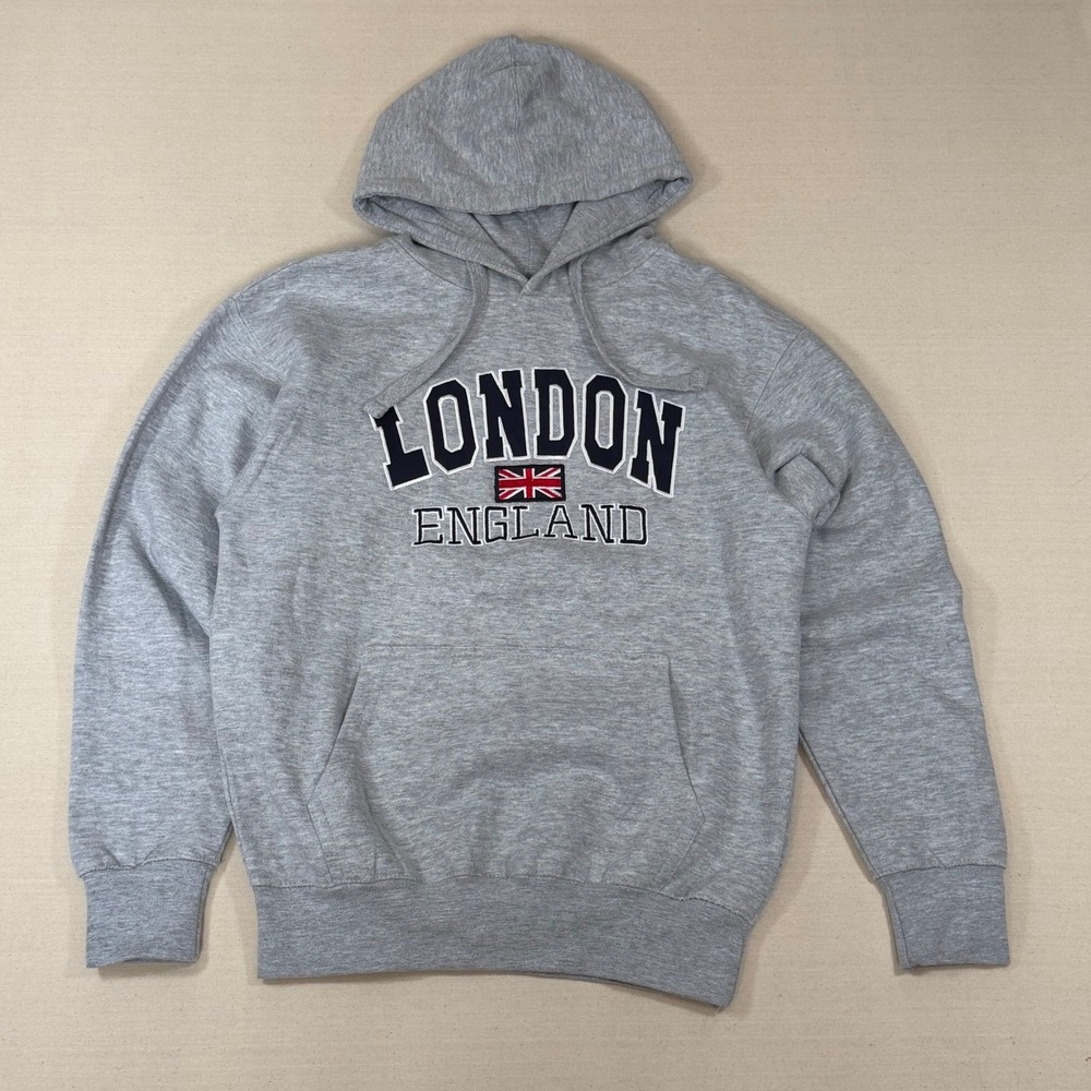 Zone One London England Souvenir Hoodie Gray Navy Blue Embroidered Union Jack M